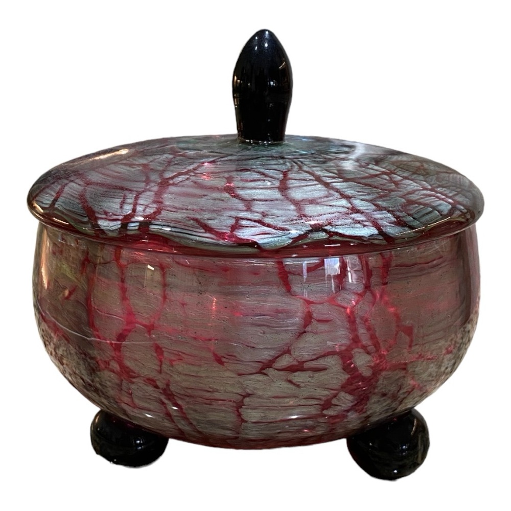 RARE antique absolutely gorgeous Loetz Titania Austria Glass lidded, footed bowl